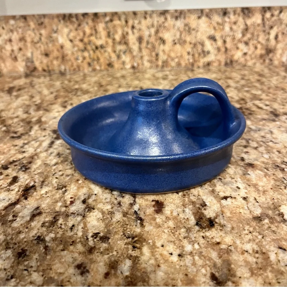 Vintage 90s Blue Pottery Hand Thrown Candlestick Taper Candle Holder Cottagecore